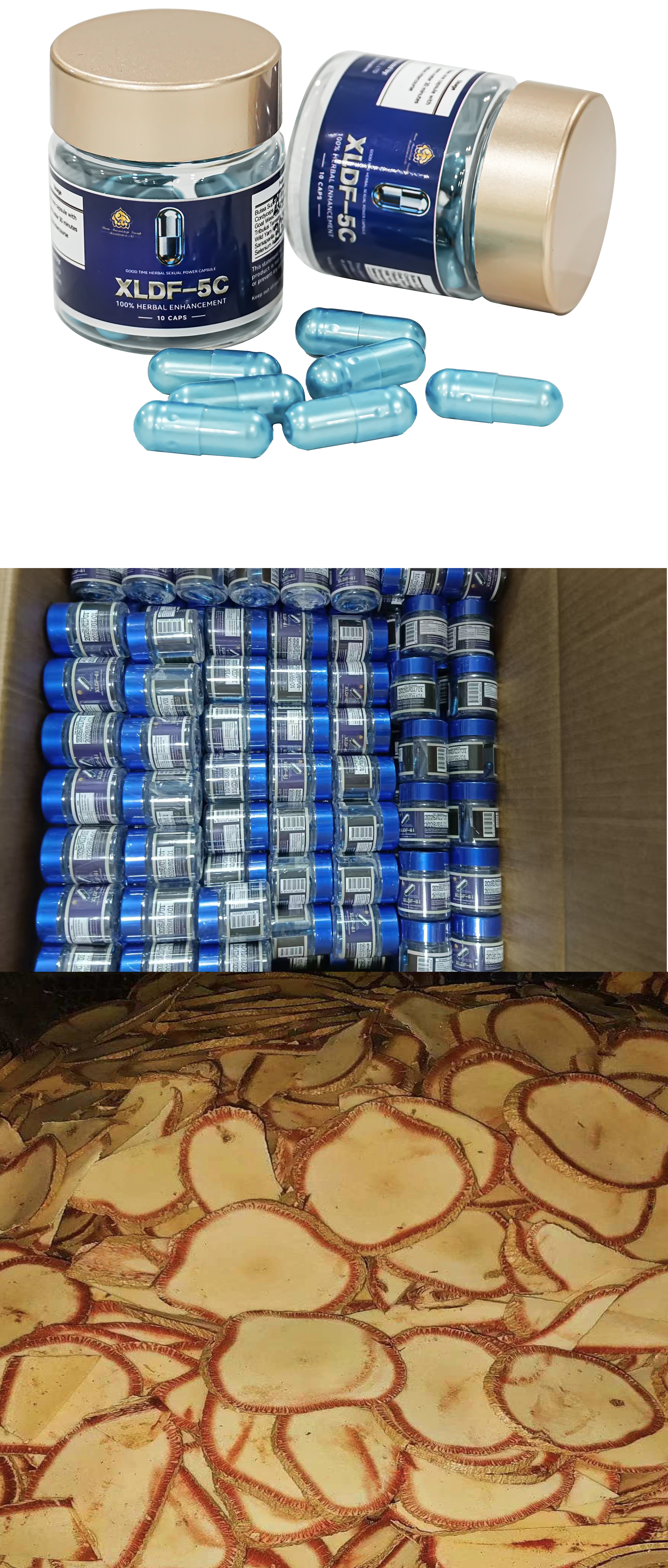 XLDF 5C capsule bottles above boxed finished goods and raw herbal root slices