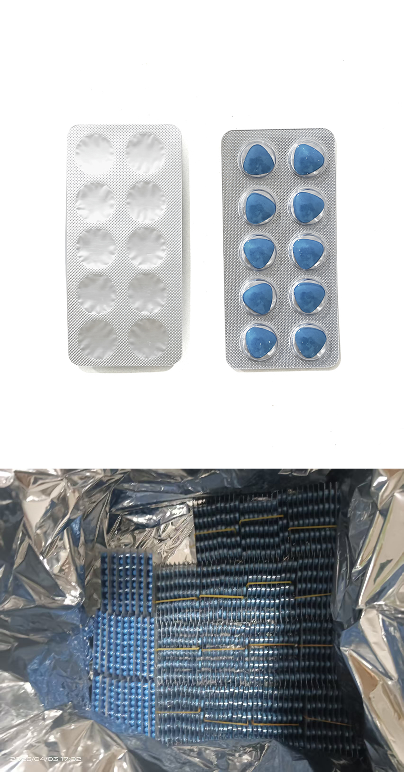 Blue 200mg tablet blister cards front back view above vacuum bulk pack